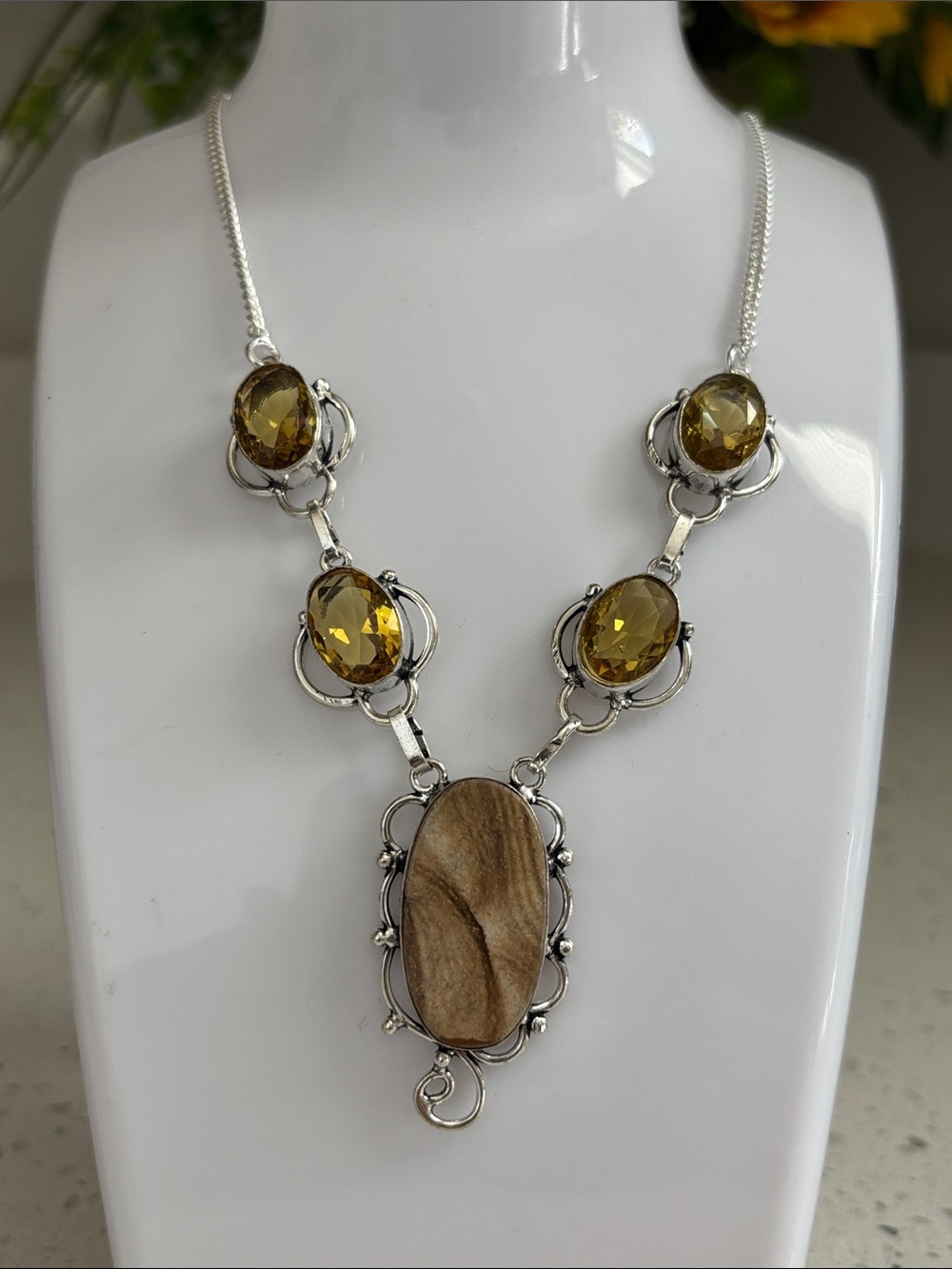 Picture Jasper & Citrine Ethnic Artisan Handcrafted Gemstone Link Necklace